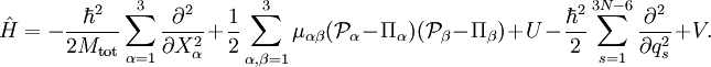 \hat{H} = -\frac{\hbar^2}{2M_\mathrm{tot}} \sum_{\alpha=1}^3 \frac{\partial^2}{\partial X_\alpha^2} +\frac{1}{2} \sum_{\alpha,\beta=1}^3 \mu_{\alpha\beta} (\mathcal{P}_\alpha - \Pi_\alpha)(\mathcal{P}_\beta - \Pi_\beta) +U  -\frac{\hbar^2}{2} \sum_{s=1}^{3N-6} \frac{\partial^2}{\partial q_s^2} + V .