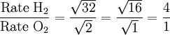 {\mbox{Rate H}_2 \over \mbox{Rate O}_2}={\sqrt{32} \over \sqrt{2}}={\sqrt{16} \over \sqrt{1}}= \frac{4}{ 1}