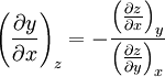 {\left ( \frac{\partial y}{\partial x} \right )}_z = - \frac { {\left ( \frac{\partial z}{\partial x} \right )}_y }{ {\left ( \frac{\partial z}{\partial y} \right )}_x }