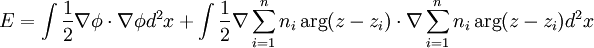E=\int \frac{1}{2}\nabla\phi\cdot\nabla\phi d^2x+\int \frac{1}{2}\nabla\sum_{i=1}^n n_i\arg(z-z_i)\cdot\nabla\sum_{i=1}^n n_i\arg(z-z_i) d^2x