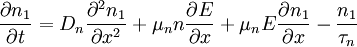 \frac{\partial n_1}{\partial t}=D_n \frac{\partial^2 n_1}{\partial x^2}+\mu_n n \frac{\partial E}{\partial x}+ \mu_n E \frac{\partial n_1}{\partial x}-\frac{n_1}{\tau_n}