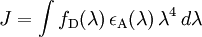 J = \int f_{\rm D}(\lambda) \, \epsilon_{\rm A}(\lambda) \, \lambda^4 \, d\lambda