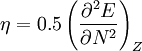 \eta = 0.5\left(\frac{\partial^2 E}{\partial N^2}\right)_Z \,
