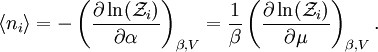 \langle n_i\rangle = -\left(\frac{\partial\ln(\mathcal{Z}_i)}{\partial \alpha} \right)_{\beta,V} = \frac{1}{\beta}\left(\frac{\partial\ln(\mathcal{Z}_i)}{\partial \mu} \right)_{\beta,V}.