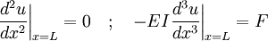 \frac{d^2 u}{d x^2}\bigg|_{x = L} = 0 \quad ; \quad -EI \frac{d^3 u}{d x^3}\bigg|_{x = L} = F\,