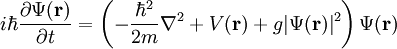 i\hbar\frac{\partial\Psi(\mathbf{r})}{\partial t} = \left(-\frac{\hbar^2}{2m}\nabla^2 + V(\mathbf{r}) + g\vert\Psi(\mathbf{r})\vert^2\right)\Psi(\mathbf{r})