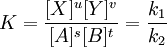 K =  \frac{[X]^u[Y]^v}{[A]^s[B]^t} = \frac{k_1}{k_2}