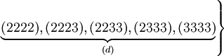 \left.       \underbrace{(2222), (2223), (2233), (2333), (3333)}_{(d)}    \right\}