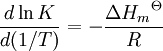 \frac {d\ln K} {d(1/T)} = -\frac{{\Delta H_m}^{\Theta}} {R}