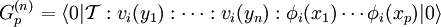 G_p^{(n)}=\left \langle 0 |\mathcal T:v_i(y_1):\dots:v_i(y_n):\phi_i(x_1)\cdots \phi_i(x_p)|0\right \rangle