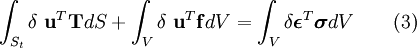 \int_{S_t} \delta\ \mathbf{u}^T \mathbf{T} dS + \int_{V} \delta\ \mathbf{u}^T \mathbf{f} dV = \int_{V}\delta\boldsymbol{\epsilon}^T \boldsymbol{\sigma} dV \qquad \mathrm{(3)}