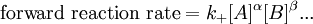 \mbox{forward reaction rate} = k_+ [A]^\alpha[B]^\beta ... \,\!