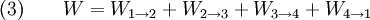 \text{(3)} \qquad  W = W_{1\to 2} + W_{2\to 3} + W_{3\to 4} + W_{4\to 1}