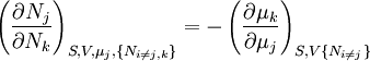 \left(\frac{\partial N_j}{\partial N_k}\right)_{S,V,\mu_j,\{N_{i\ne j,k}\}} = -\left(\frac{\partial \mu_k}{\partial \mu_j}\right)_{S,V\{N_{i\ne j}\}}