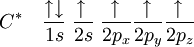 C^{*}\quad \frac{\uparrow\downarrow}{1s}\; \frac{\uparrow\,}{2s}\; \frac{\uparrow\,}{2p_x} \frac{\uparrow\,}{2p_y} \frac{\uparrow\,}{2p_z}