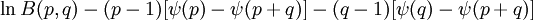 \ln B(p,q) - (p-1)[\psi(p) - \psi(p + q)] - (q-1)[\psi(q) - \psi(p + q)] \,