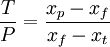 \frac{T}{P} = \frac{x_{p} - x_{f}}{x_{f} - x_{t}}