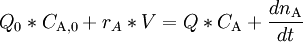 Q_0*C_{\mathrm{A},0} + r_A*V = Q*C_{\mathrm{A}} + \frac{dn_{\mathrm{A}}}{dt}