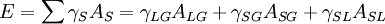 E = \sum \gamma_S A_S = \gamma_{LG} A_{LG} + \gamma_{SG} A_{SG} + \gamma_{SL} A_{SL}\,