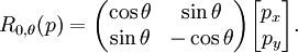 R_{0,\theta}(p) = \begin{pmatrix} \cos\theta & \sin\theta \\ \sin\theta & -\cos\theta \end{pmatrix} \begin{bmatrix} p_x \\ p_y \end{bmatrix}.