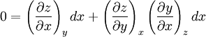 0 = \left(\frac{\partial z}{\partial x}\right)_y dx + \left(\frac{\partial z}{\partial y}\right)_x \left(\frac{\partial y}{\partial x}\right)_z dx