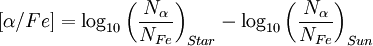 [\alpha/Fe] = \log_{10}{\left(\frac{N_{\alpha}}{N_{Fe}}\right)_{Star}} - \log_{10}{\left(\frac{N_{\alpha}}{N_{Fe}}\right)_{Sun}}