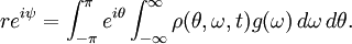 r e^{i \psi} = \int_{-\pi}^{\pi} e^{i \theta} \int_{-\infty}^{\infty} \rho(\theta, \omega, t) g(\omega) \, d \omega \, d \theta.