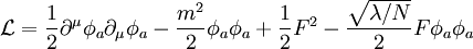 \mathcal{L}={1\over 2}\partial^\mu \phi_a \partial_\mu \phi_a -{m^2\over 2}\phi_a \phi_a +{1\over 2}F^2-{\sqrt{\lambda /N}\over 2}F \phi_a \phi_a