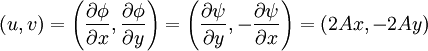 (u,v)= \left( {\partial \phi \over \partial x}, {\partial \phi \over \partial y} \right) =  \left( {\partial \psi \over \partial y}, - {\partial \psi \over \partial x} \right) = \left(2Ax,-2Ay\right)