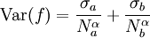 \mathrm{Var}(f) = {\sigma_a \over N_a^\alpha} + {\sigma_b \over N_b^\alpha}