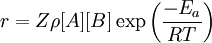 r = Z \rho [A][B] \exp \left( \frac{-E_{a}}{RT} \right)
