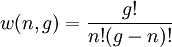 w(n,g)=\frac{g!}{n!(g-n)!}