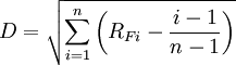 D = \sqrt{\sum^n_{i=1}\left(R_{Fi} - \frac{i-1}{n-1}\right)}