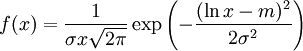 f(x) = \frac{1}{\sigma x \sqrt{2\pi}} \exp\left(-\frac{(\ln x - m)^2}{2\sigma^2}\right)