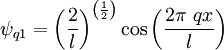 \psi_{q1}=\left ( \frac{2}{l} \right )^{\left ( \frac{1}{2} \right )}\cos{\left ( \frac{2\pi\ qx}{l} \right)}