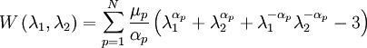 W\left( \lambda_1,\lambda_2 \right) = \sum_{p=1}^N \frac{\mu_p}{\alpha_p}\left( \lambda_1^{\alpha_p} + \lambda_2^{\alpha_p} + \lambda_1^{-\alpha_p}\lambda_2^{-\alpha_p} -3 \right)