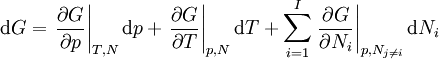 \mathrm{d}G =\left. \frac{\partial G}{\partial p}\right | _{T,N}\mathrm{d}p +\left. \frac{\partial G}{\partial T}\right | _{p,N}\mathrm{d}T +\sum_{i=1}^I \left. \frac{\partial G}{\partial N_i}\right | _{p,N_{j \neq i}}\mathrm{d}N_i  \,