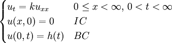 \begin{cases} u_{t}=ku_{xx} & 0\le x<\infty,\,0<t<\infty \\ u(x,0)=0 & IC \\ u(0,t)=h(t) & BC \end{cases}