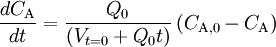 \frac{dC_{\mathrm{A}}}{dt}=\frac{Q_0}{(V_{t=0}+Q_0t)}\left( C_{\mathrm{A},0}-C_{\mathrm{A}} \right)