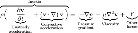 \overbrace{\rho \Big( \underbrace{\frac{\partial \mathbf{v}}{\partial t}}_{ \begin{smallmatrix}   \text{Unsteady}\\   \text{acceleration} \end{smallmatrix}} +  \underbrace{\left(\mathbf{v} \cdot \nabla\right) \mathbf{v}}_{ \begin{smallmatrix}   \text{Convective} \\   \text{acceleration} \end{smallmatrix}}\Big)}^{\text{Inertia}} = \underbrace{-\nabla p}_{ \begin{smallmatrix}   \text{Pressure} \\   \text{gradient} \end{smallmatrix}} +  \underbrace{\mu \nabla^2 \mathbf{v}}_{\text{Viscosity}} +  \underbrace{\mathbf{f}}_{ \begin{smallmatrix}   \text{Other} \\   \text{forces} \end{smallmatrix}}