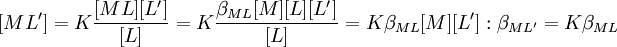 [ML']=K\frac{[ML][L']}{[L]} = K \frac{\beta_{ML}[M][L][L']}{[L]}= K \beta_{ML}[M][L']: \beta_{ML'}=K\beta_{ML}