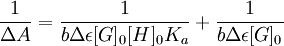 \frac{1}{{\Delta}A}=\frac{1}{b{\Delta}\epsilon[G]_0[H]_0K_a} +\frac{1}{b{\Delta}\epsilon[G]_0}