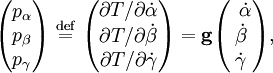 \begin{pmatrix} p_\alpha \\ p_\beta \\ p_\gamma \\ \end{pmatrix} \ \stackrel{\mathrm{def}}{=}\   \begin{pmatrix} \partial T/{\partial \dot{\alpha}}\\  \partial T/{\partial \dot{\beta}} \\ \partial T/{\partial \dot{\gamma}} \\ \end{pmatrix} = \mathbf{g}  \begin{pmatrix} \; \, \dot{\alpha} \\ \dot{\beta} \\ \dot{\gamma}\\ \end{pmatrix},