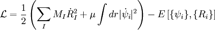 \mathcal{L} =  \frac{1}{2}\left(\sum_I M_I \dot R_I^2 + \mu \int dr |\dot\psi_i|^2 \right)  - E\left[\{\psi_i\},\{R_i\}\right]