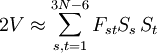 2V \approx \sum_{s,t=1}^{3N-6} F_{st} S_s\, S_t