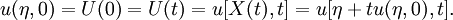 \displaystyle  u(\eta,0)=U(0)=U(t)=u[X(t),t]=u[\eta+tu(\eta,0),t].