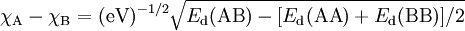 \chi_{\rm A} - \chi_{\rm B} = ({\rm eV})^{-1/2} \sqrt{E_{\rm d}({\rm AB}) - [E_{\rm d}({\rm AA}) + E_{\rm d}({\rm BB})]/2}