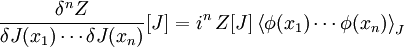 \frac{\delta^n Z}{\delta J(x_1) \cdots \delta J(x_n)}[J] = i^n \, Z[J] \, {\left\langle \phi(x_1)\cdots \phi(x_n)\right\rangle}_J