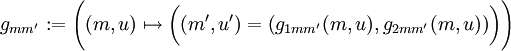 g_{mm'}:=\Bigg((m,u)\mapsto \bigg((m',u')=\big(g_{1mm'}(m,u),g_{2mm'}(m,u)\big)\bigg)\Bigg)