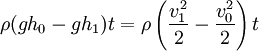 \rho (gh_0 - gh_1)t= \rho \left ( {v_1^2 \over 2} -  {v_0^2 \over 2} \right )t